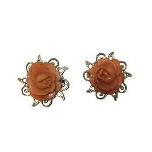 Two (2) Women's Rose Orange and Gold tone Brooch Pins